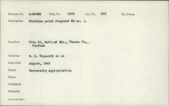 Documentation associated with Hearst Museum object titled Point, accession number 1-63559, described as Obsidian, fragment
