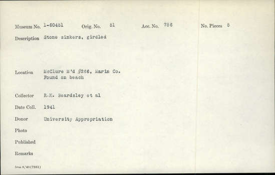 Documentation associated with Hearst Museum object titled Sinkers, accession number 1-60451, described as Stone sinker, girdled Notice: Image restricted due to its potentially sensitive nature. Contact Museum to request access.