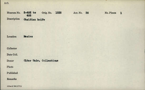 Documentation associated with Hearst Museum object titled Knife, accession number 3-402, described as Obsidian knife.