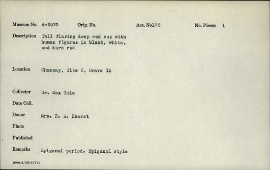 Documentation associated with Hearst Museum object titled Cup with relief, accession number 4-6570, no description available.