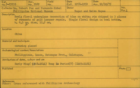 Documentation associated with Hearst Museum object titled Bowl, accession number 9-13333, described as Bowl; floral underglz deco., black on white; 3 chips.