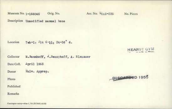 Documentation associated with Hearst Museum object titled Faunal remains, accession number 1-156045, described as Unmodified, mammal.