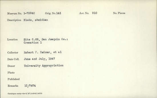 Documentation associated with Hearst Museum object titled Blade, accession number 1-73240, described as Obsidian blade Notice: Image restricted due to its potentially sensitive nature. Contact Museum to request access.