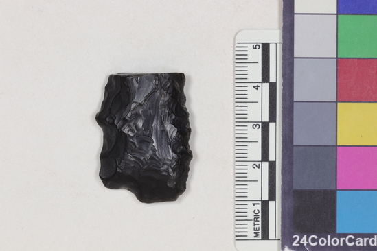 Hearst Museum object titled Projectile point fragment, accession number 16-14337, described as Projectile point fragment; obsidian; triangular; weight: 7.83 grams; length: 3.3 cm; width: 2.41 cm; depth: 0.8 cm; irregular convex sides; irregular base.