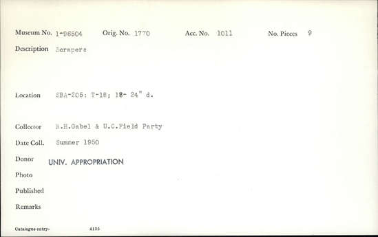 Documentation associated with Hearst Museum object titled Scrapers, accession number 1-96504, described as Scrapers.
