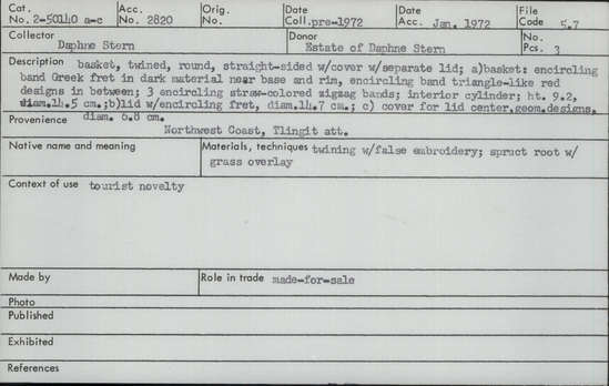 Documentation associated with Hearst Museum object titled Basket, accession number 2-50140a-c, described as (a) Twined, round, straight-sided basket. Encircling band Greek fret in dark material near base and rim, encircling band triangle-like red designs in between; 3 encircling straw-colored zigzag bands; interior cylinder. (b) Lid with encircling fret. (c) Cover for lid center, geometric designs. False embroidery; spruce root with grass overlay.