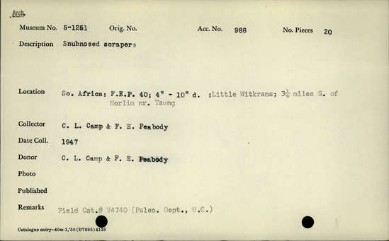 Documentation associated with Hearst Museum object titled Scrapers, accession number 5-1251, described as Subnosed scrapers