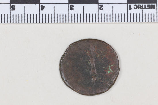Hearst Museum object 3 of 8 titled Coin: æ antoninianus, accession number 8-6260, described as Coin: Æ; AR? CIA UDIUS.GOTHICUS- 3.42 grams. Antoninianus. Obverse: ...VS...G - bust facing right, radiate, draped Reverse: illegible.