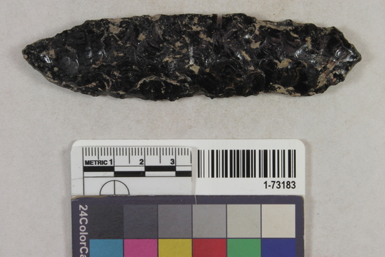 Hearst Museum object 1 of 2 titled Blade, accession number 1-73183, described as Obsidian blade