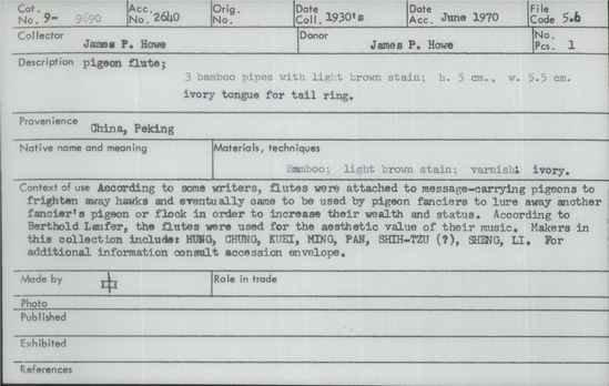 Documentation associated with Hearst Museum object titled Pigeon flute, accession number 9-9690, described as pigeon flute; 3 bamboo pipes w/light brown stain; ht. 5 cm, w. 5.5 cm, ivory tongue for tail ring.