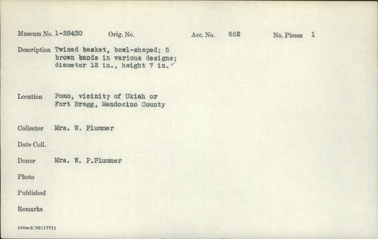 Documentation associated with Hearst Museum object titled Bowl basket, accession number 1-28430, described as Twined, bowl-shaped.  5 brown bands in various designs.