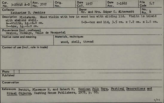 Documentation associated with Hearst Museum object titled Miniature violin, accession number 3-28948a-d, described as Miniature.  Wood violin with bow in wood box with sliding lid. Violin ins inlaid with abalone shell. A-- violin, length. 6.0 cm B-- bow, length. 6.0 cm C-D-- box and lid, 3.5 cm x 7.2 cm. x 1.8 cm