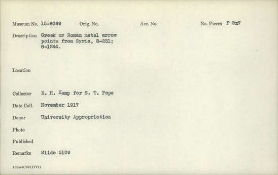 Documentation associated with Hearst Museum object titled Black-and-white negative, accession number 15-6069, described as Greek or Roman metal arrow points from Syria, 8-231, 8-1244