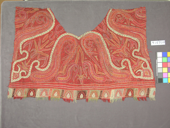 Hearst Museum object titled Shawl, accession number 9-15704, described as Red ground, design in various colors