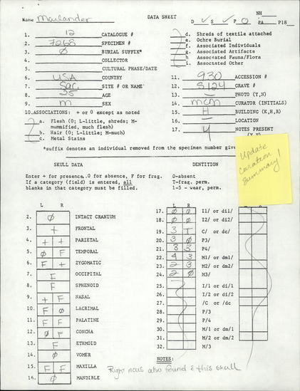 Documentation associated with Hearst Museum object titled Human remains, accession number 12-7588(0), described as Adult [female symbol]