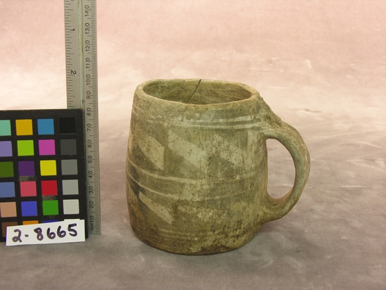 Hearst Museum object titled Mug, accession number 2-8665, described as Handled mug; black and white.