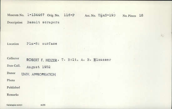 Documentation associated with Hearst Museum object titled Scrapers, accession number 1-134467, described as Basalt scrapers.