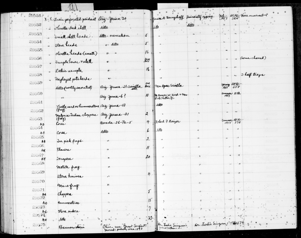 Documentation associated with Hearst Museum object titled Stone sinkers, accession number 2-29574a-v, described as Stone sinkers, suffixes H and N are mislabeled as "2-29575H" and "2-29575N".