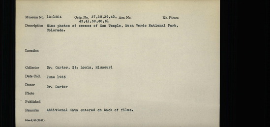 Documentation associated with Hearst Museum object titled Photograph, accession number 13-1504, described as Nine photos of scenes of Sun Temple, Mesa Verde National Park, Colorado