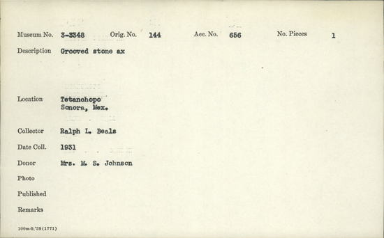 Documentation associated with Hearst Museum object titled Axe head, accession number 3-3348, described as Grooved stone ax