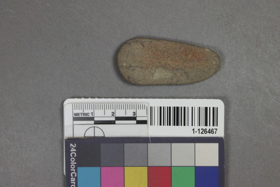 Hearst Museum object titled Pebble, accession number 1-126467, described as Painted tabular pebble.