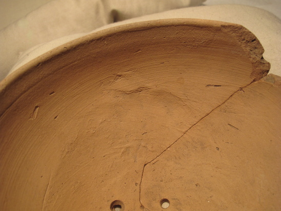 Hearst Museum object 32 of 48 titled Broken bowl, accession number 6-5108, described as Pottery: buff bowl, broken 5 small holes, slow ancient repairing; diameter 14 cm, height 8 cm.