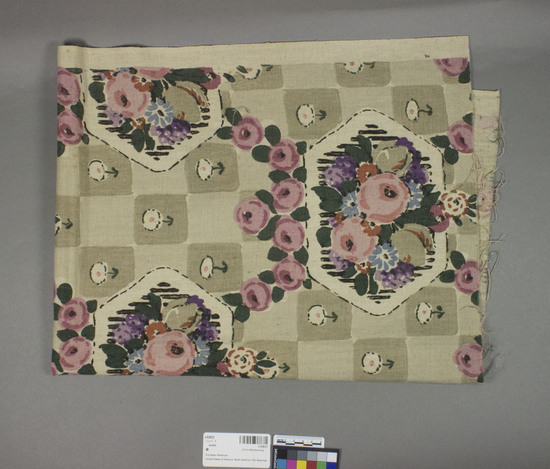 Hearst Museum object titled Textile, accession number 2-62633, described as Strip; cotton, plain weave, printed, varicolored, floral motives, checked ground