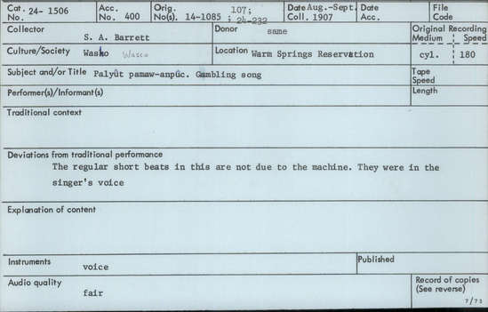 Documentation associated with Hearst Museum object titled Audio recording, accession number 24-1506, described as Gambling Song