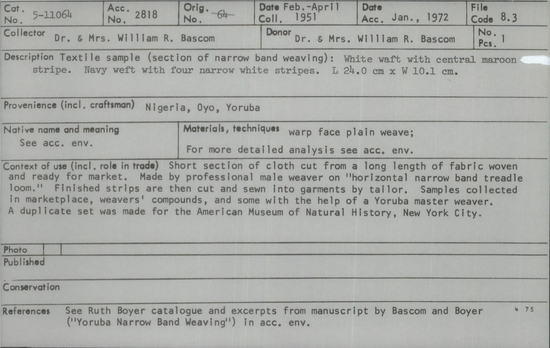 Documentation associated with Hearst Museum object titled Textile fragment, accession number 5-11064, described as Textile sample (section of narrow band weaving): White waft with central maroon stripe. Navy weft with narrow white stripes.