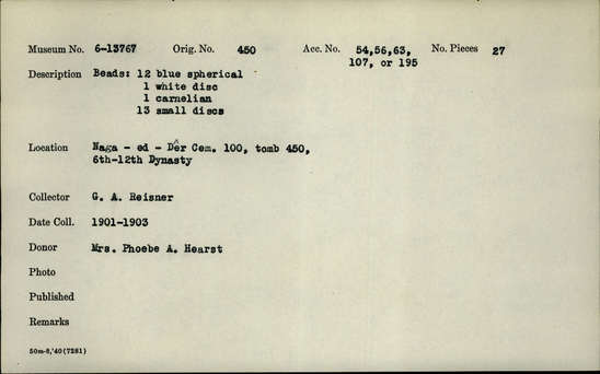 Documentation associated with Hearst Museum object titled Beads, accession number 6-13767, described as Beads: 12 blue spherical, 1 white disc, 1 carnelian, 13 small discs. [inv.: 7.5 ball beads (faience), 1 carved carnelian shell, 4-lobed faience beads, original object count: 27?]