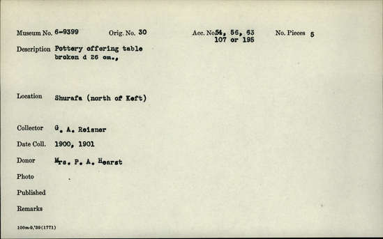 Documentation associated with Hearst Museum object titled Broken offering table, accession number 6-9399, described as Pottery:  offering table, broken