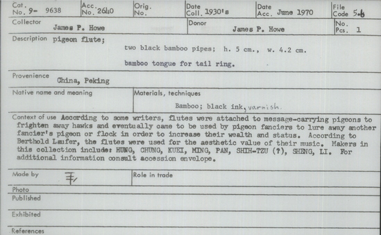 Documentation associated with Hearst Museum object titled Pigeon flute, accession number 9-9638, described as pigeon flute; 2 black bamboo pipes; ht. 5 cm., w. 4.2 cm. bamboo tongue for tail ring.