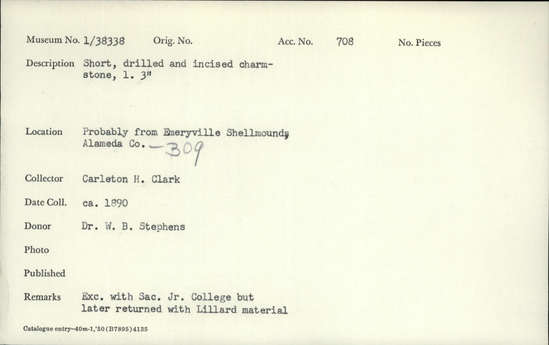 Documentation associated with Hearst Museum object titled Charmstone, accession number 1-38338, described as short drilled and incised charmstone, 3