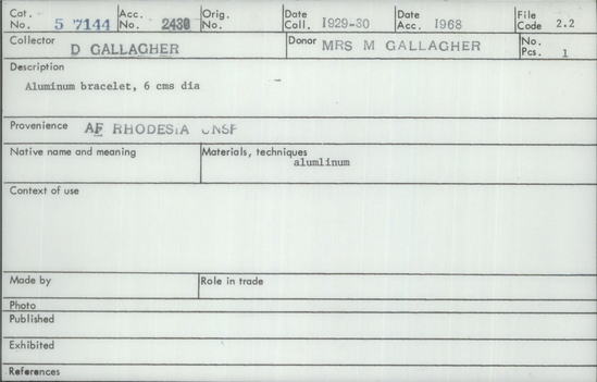 Documentation associated with Hearst Museum object titled Bracelet, accession number 5-7144, described as Aluminum bracelet, 6 cms dia.