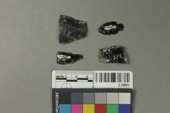 Hearst Museum object titled Point and point fragment, accession number 2-29801, described as Obsidian projectile point fragments