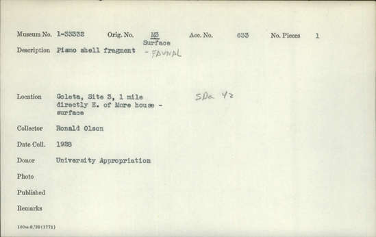 Documentation associated with Hearst Museum object titled Shell fragment, accession number 1-33332, described as Pismo shell fragment- faunal