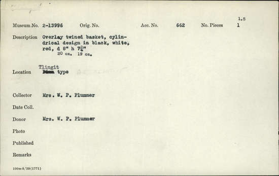 Documentation associated with Hearst Museum object titled Basket, accession number 2-13996, described as Overlay, twined, cylindrical design in black, white and red.