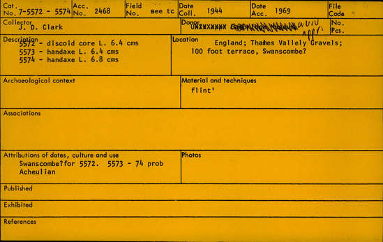 Documentation associated with Hearst Museum object titled Handaxe, accession number 7-5574, described as handaxe