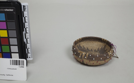 Hearst Museum object 3 of 3 titled Basket, accession number 1-2590, described as Unfinished basket; warp and weft are Willow (Salix). Brown pattern is Sedge root bark (Carex). One-stick.
