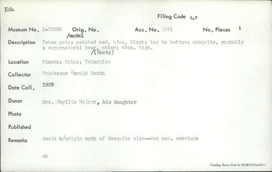 Documentation associated with Hearst Museum object titled Totem pole model, accession number 2-30950, described as Totem pole model. Painted red, blue, black; top to bottom: mosquito, probably a supernatural bear (Hootz), otter.  Deals with origin myth of Mosquito clan--see acc. envelope.