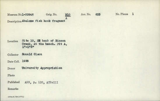 Documentation associated with Hearst Museum object titled Fishhook, accession number 1-33946, described as Abalone fish hook fragment