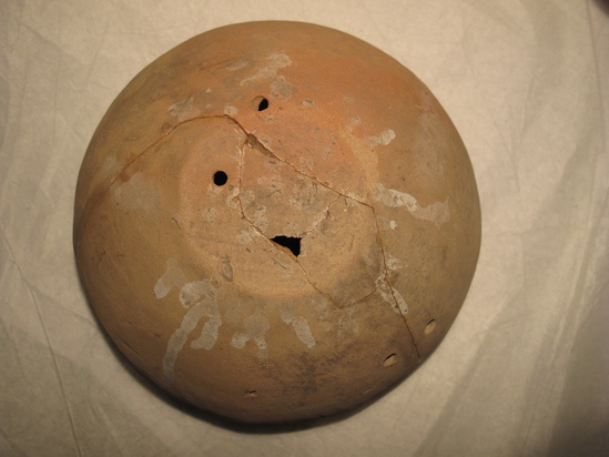 Hearst Museum object 10 of 48 titled Broken bowl, accession number 6-5108, described as Pottery: buff bowl, broken 5 small holes, slow ancient repairing; diameter 14 cm, height 8 cm.