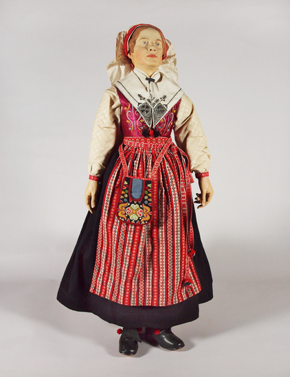 Hearst Museum object titled Doll with costume, accession number 7-407, described as Female doll showing peasant’s costume of Leksand, Dalarna, Sweden. Notice: Image restricted due to its potentially sensitive nature. Contact Museum to request access.