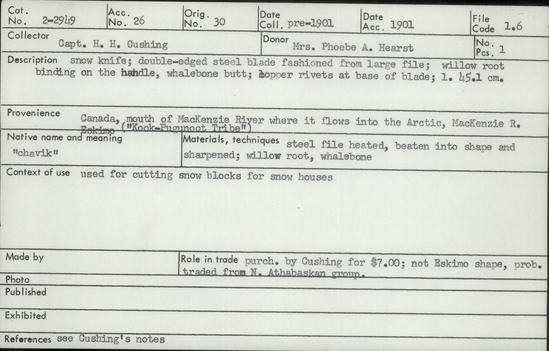 Documentation associated with Hearst Museum object titled Knife, accession number 2-2949, described as snow, double-edged steel blade fashioned from large file.  Willow root binding on the handle, whalebone butt, copper rivets at base of blade.  Manufacture: steel file heated, beaten into shape and sharpened. Indigenous name for object "chavik.