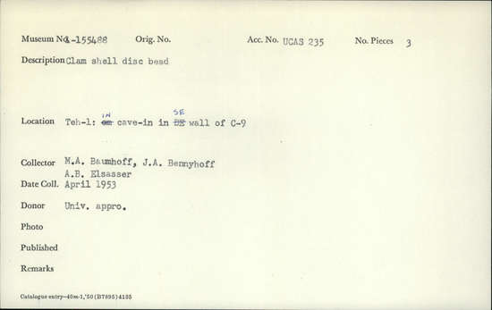 Documentation associated with Hearst Museum object titled Bead, accession number 1-155488, described as Clam shell disc.