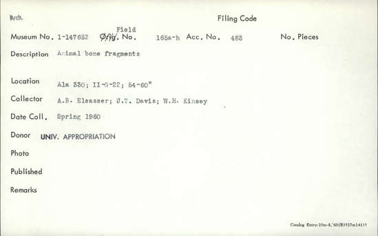 Documentation associated with Hearst Museum object titled Faunal remains, accession number 1-147652, described as Animal.