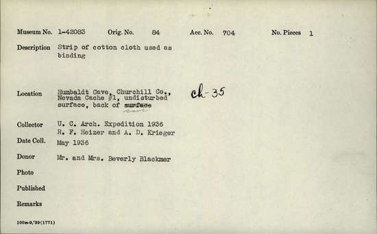 Documentation associated with Hearst Museum object titled Cloth, accession number 1-42083, described as Cotton cloth strip