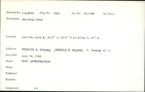 Documentation associated with Hearst Museum object titled Abrader, accession number 1-109763, described as Abrading stone.