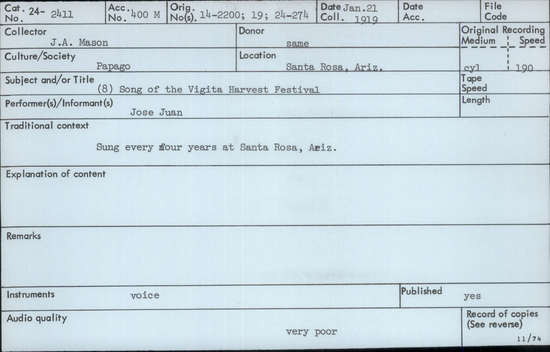 Documentation associated with Hearst Museum object titled Audio recording, accession number 24-2411, described as Song of the Vigita Harvest Festival #8