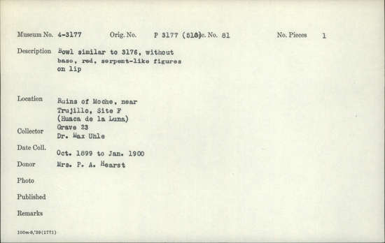 Documentation associated with Hearst Museum object titled Bowl, accession number 4-3177, described as Bowl similar to 3176, without base, red, serpent-like figures on lip
